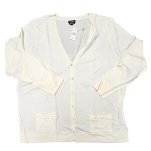 Talbots Cardigan Woman 3X Ivory Merino Wool V-Neck Pockets Lightweight Neutral